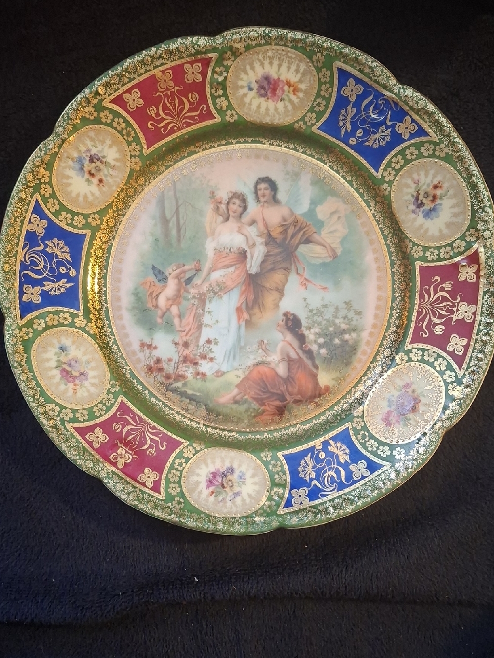 Vintage Vienna Decorative Portrait Plate in Green, Blue & Maroon / Gold Accents